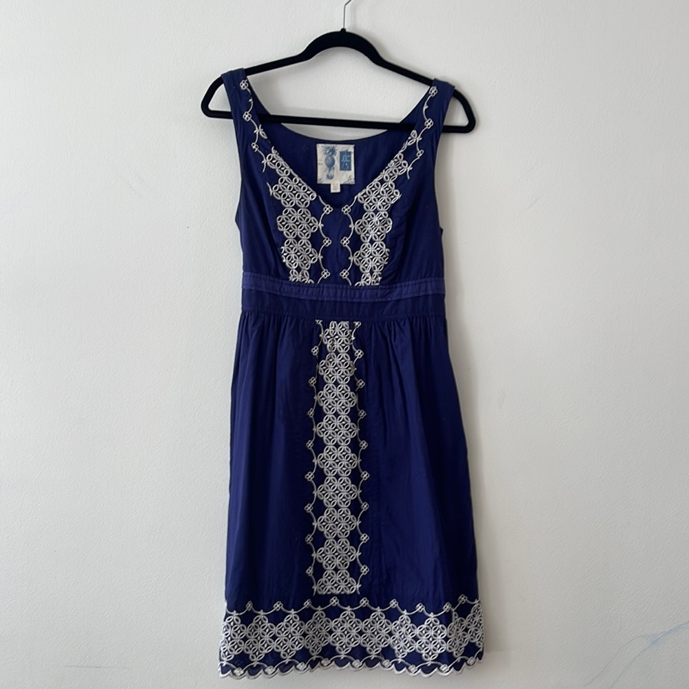 Anthropologie EDME & ESYLLTE Camilla embroidered Dress POCKETS navy/white size M